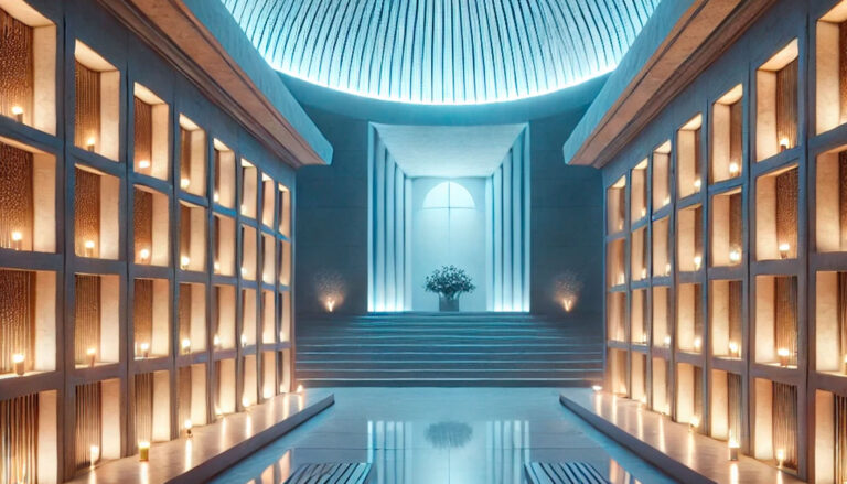 Un columbario moderno y pacífico en México con un diseño sereno y respetuoso, ideal para un blog sobre criptas y columbarios.