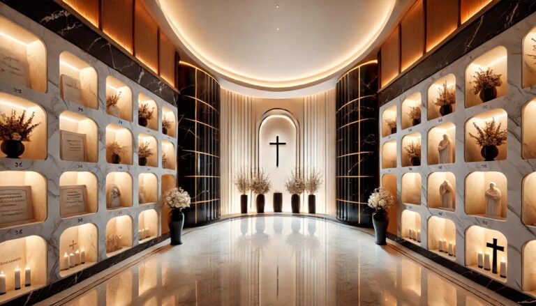Interior de columbario moderno en México con nichos de mármol, acentos de madera y diseño arquitectónico contemporáneo para un ambiente de respeto y tranquilidad