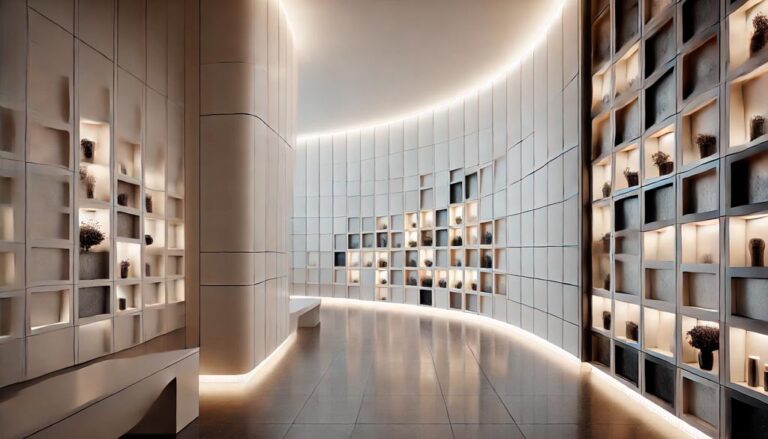 Pared de columbario moderna y minimalista con nichos en tonos monocromáticos, diseño elegante y ambiente sereno.