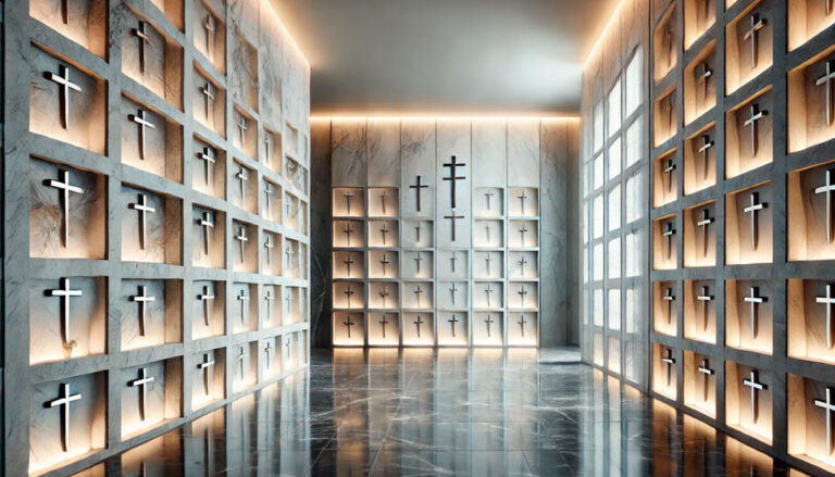 Pared de columbario moderno en México con diseño minimalista, mármol pulido y nichos estilizados en un ambiente innovador y sereno.