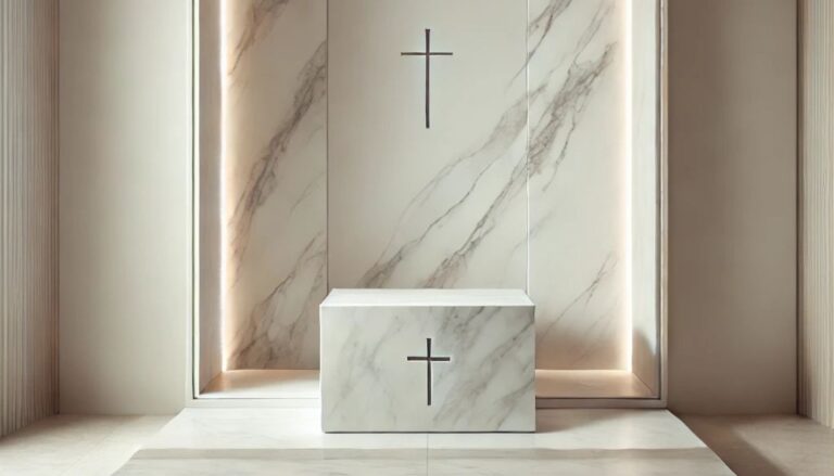 Nicho de cremación de mármol blanco con diseño minimalista y cruz grabada, en un entorno elegante y luminoso.