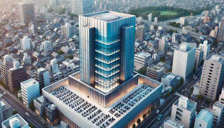 Vista aérea de un rascacielos columbario en Tokio, Japón, con diseño futurista y almacenamiento de urnas, integrándose en el paisaje urbano.