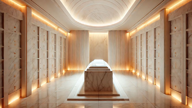 Cripta moderna de mármol blanco con diseño minimalista y acabados de alta calidad.