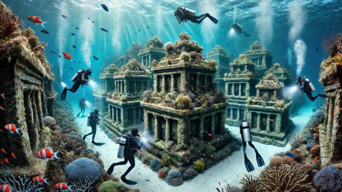 Escena submarina que muestra un grupo de buzos explorando una cripta subacuática, cubierta de coral y rodeada de colorida vida marina, con rayos de luz solar filtrándose a través del agua cristalina