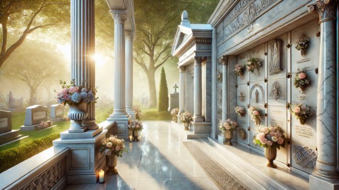 Criptas decoradas con flores y detalles de mármol en un cementerio iluminado por el amanecer