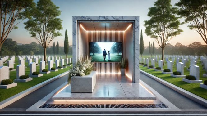 Diseño moderno de cripta con pantalla digital, rodeado de áreas verdes en un ambiente sereno y respetuoso. Ideal para memoriales interactivos y conmemoraciones tecnológicas
