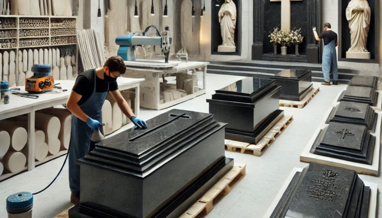Taller moderno dedicado a la fabricación de criptas de mármol negro, mostrando artesanos trabajando con precisión en diseños elegantes y minimalistas.