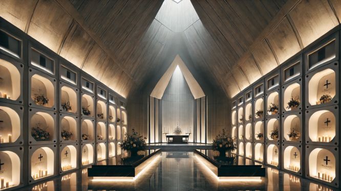 Criptas modernas e iluminadas en un mausoleo con diseño minimalista. Las paredes laterales contienen nichos con cruces, velas y arreglos florales. Un altar al fondo recibe luz natural desde un tragaluz en el techo, creando una atmósfera solemne y respetuosa