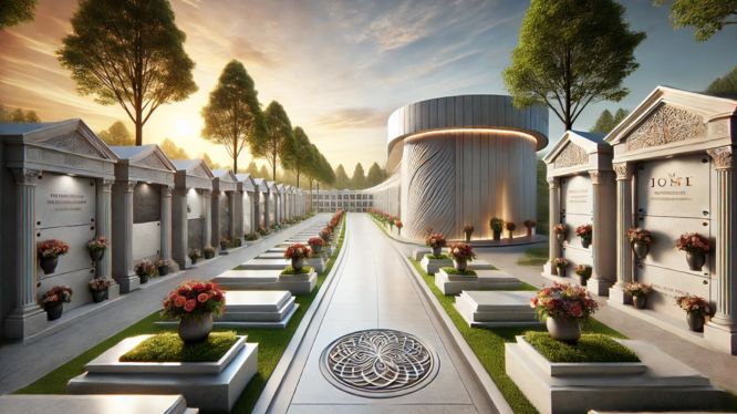 Vista de un camino rodeado de criptas modernas con diseños elegantes, detalles arquitectónicos y decoraciones florales en un entorno tranquilo y natural al atardecer