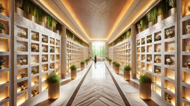 Vista interior de un columbario moderno y elegante con iluminación cálida, nichos decorados con flores y plantas, y un ambiente sereno que refleja paz y respeto