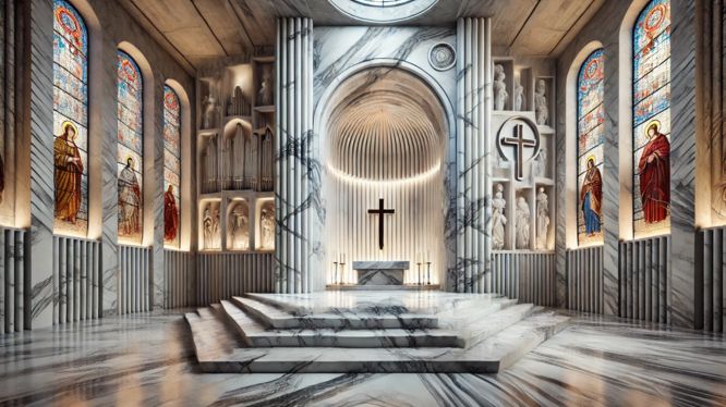 Interior de una iglesia moderna decorada con mármol blanco y negro, vitrales de colores vibrantes, esculturas religiosas, y un altar con una cruz iluminada. El diseño arquitectónico combina elegancia contemporánea y espiritualidad clásica