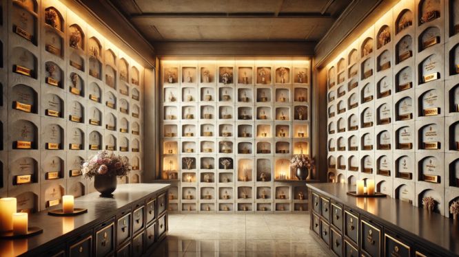 nterior de una iglesia moderna con nichos para cenizas, cuidadosamente iluminados con luz cálida. Cada nicho está decorado con flores, velas y placas conmemorativas, creando un ambiente solemne y espiritual