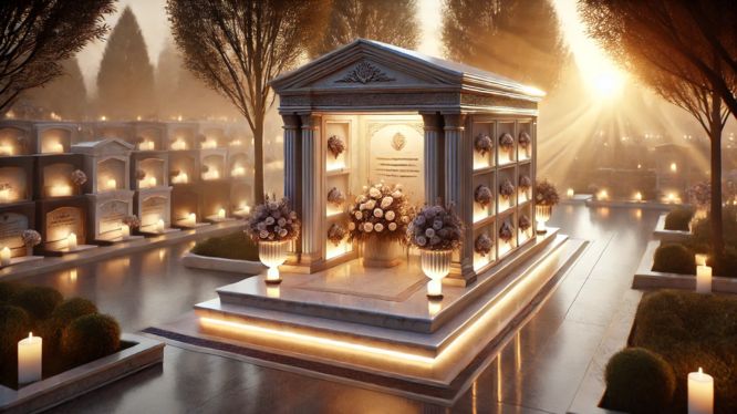 Cripta iluminada en un cementerio al atardecer, rodeada de flores y velas, con un ambiente solemne y sereno.