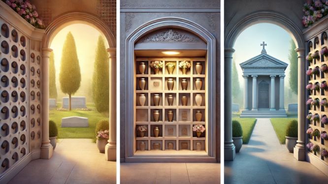 Imagen comparativa de tres tipos de espacios de descanso final: un nicho con compartimentos para urnas, un columbario con urnas organizadas en una estructura cerrada y una cripta con un mausoleo en un entorno de cementerio. La imagen muestra cada estructura con un diseño elegante y bien iluminado.